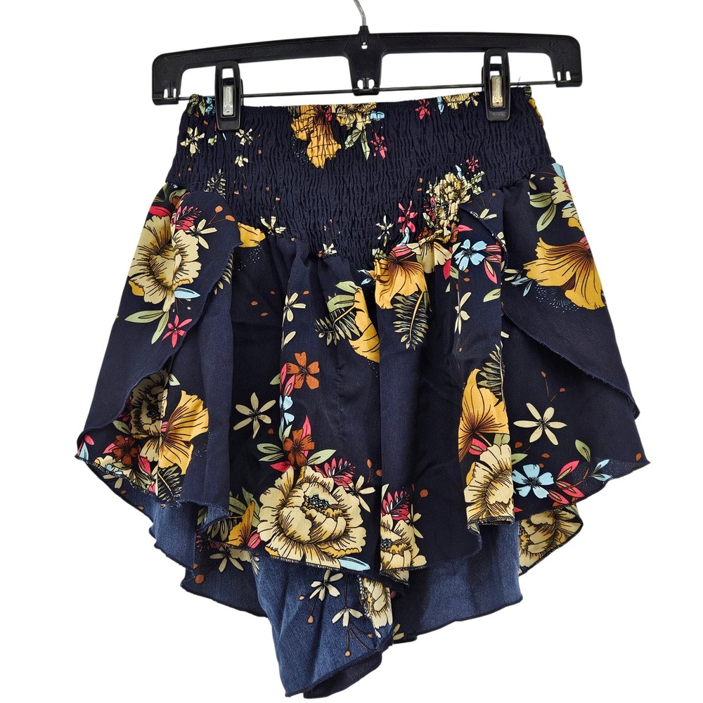 Boho Navy Blue Floral‎ Smocked Waist Shorts Size M Beach Festival Summer
